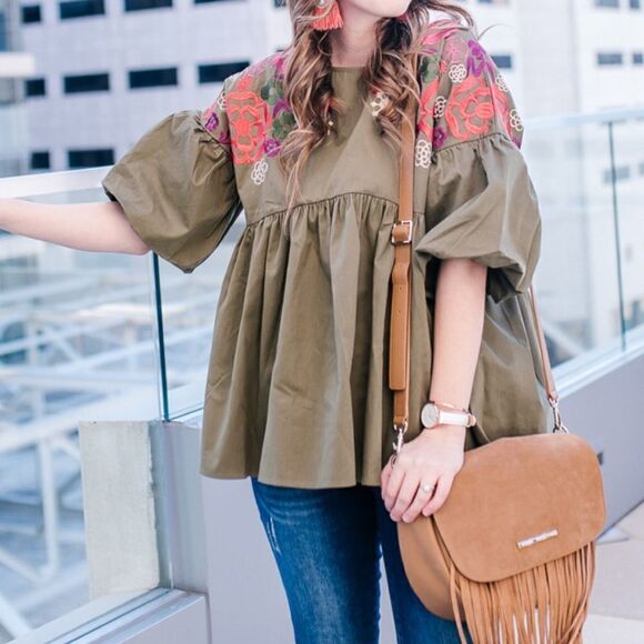 Army Green Boho Embroidered Oversize Top - Picture 1 of 10